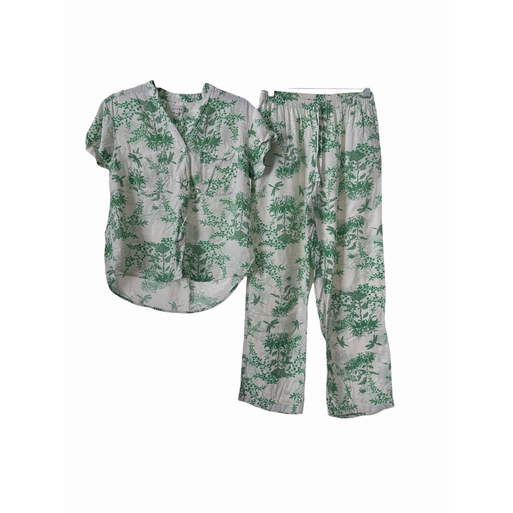 Piyama Pajama Set XS Green White Toile Botanical Rayon Pants Bali Resort #F13-1